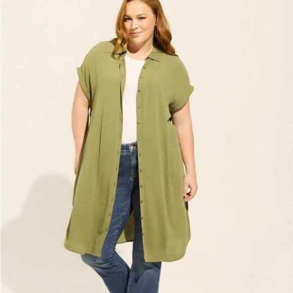 Torrid Plus Size Drop Shoulder Short Sleeve Button Up Tunic Olive Green Size 2X - Picture 1 of 16